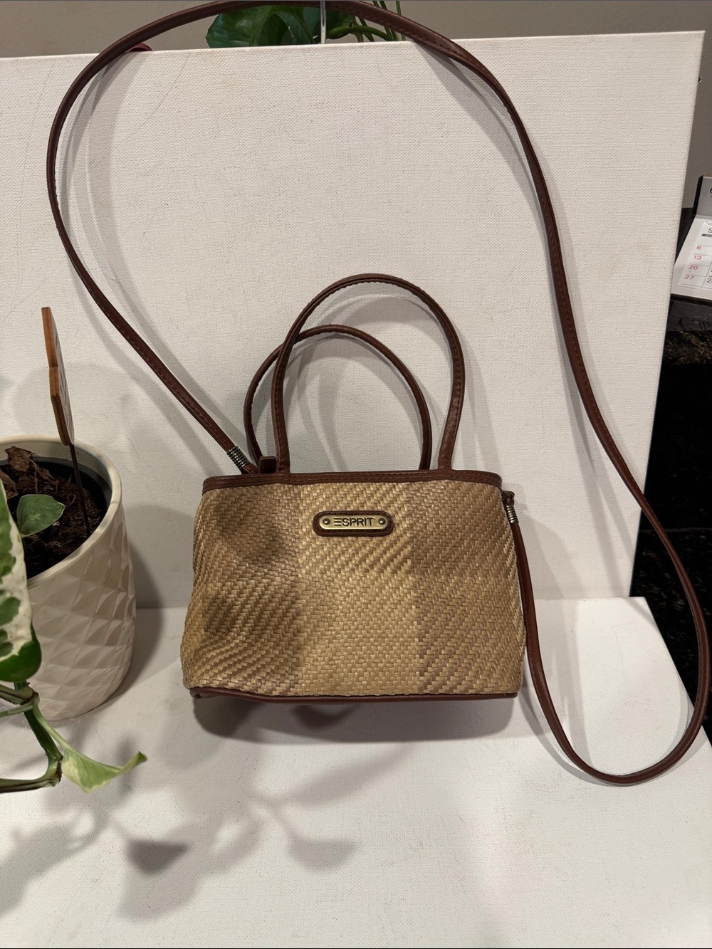 VINTAGE Esprit Brown & Tan Woven Mini Crossbody Bag
